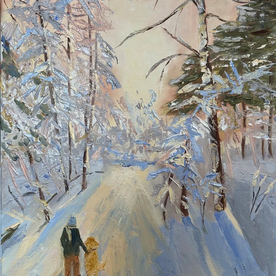 Painting of A Walk in the Winter Woods with My Golden