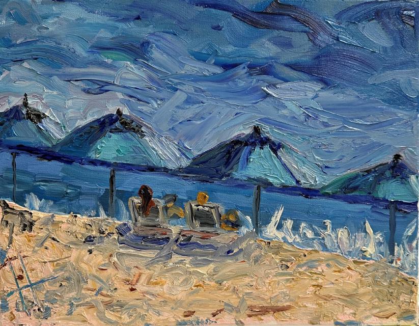 Painting of Blue Umbrellas at the Beach