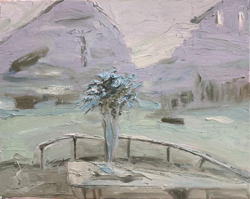 Painting of Blue Flowers in Vase on a gray Day