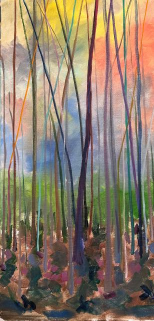 Painting of Skinny Trees with Colorful Sky